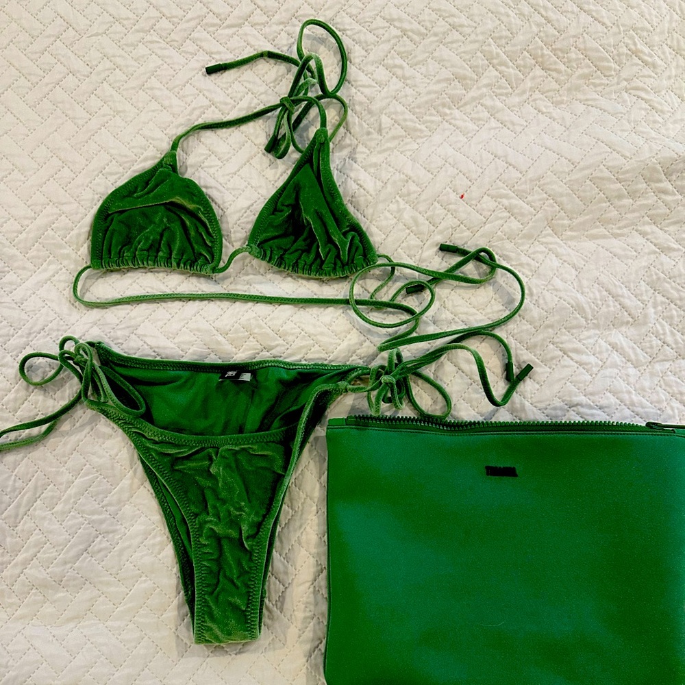 Triangl Bikini. Top is medium, bottom is small. Green velvet.